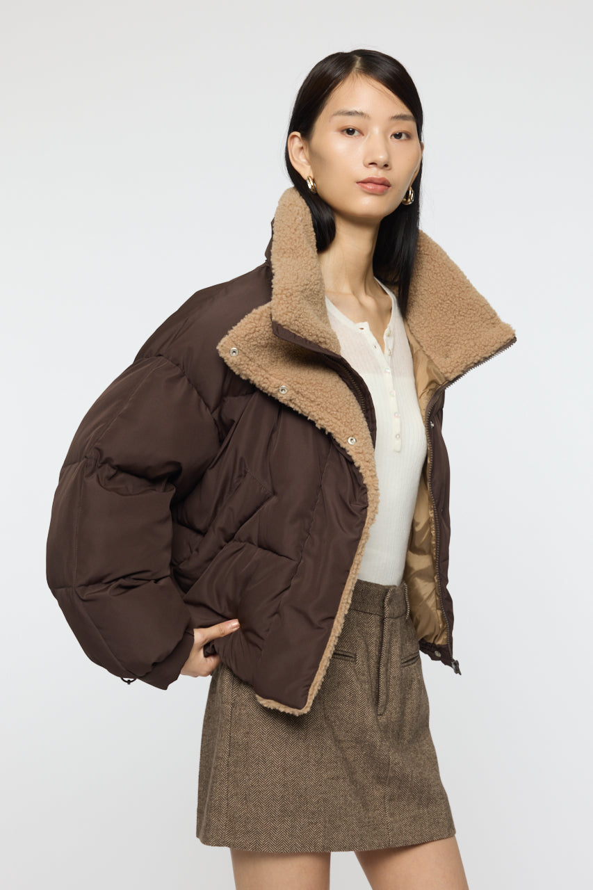 STAND COLLAR PUFFER JACKET Brown / Free