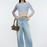 GRADATION CROPPED KNIT TOP Purple / Free
