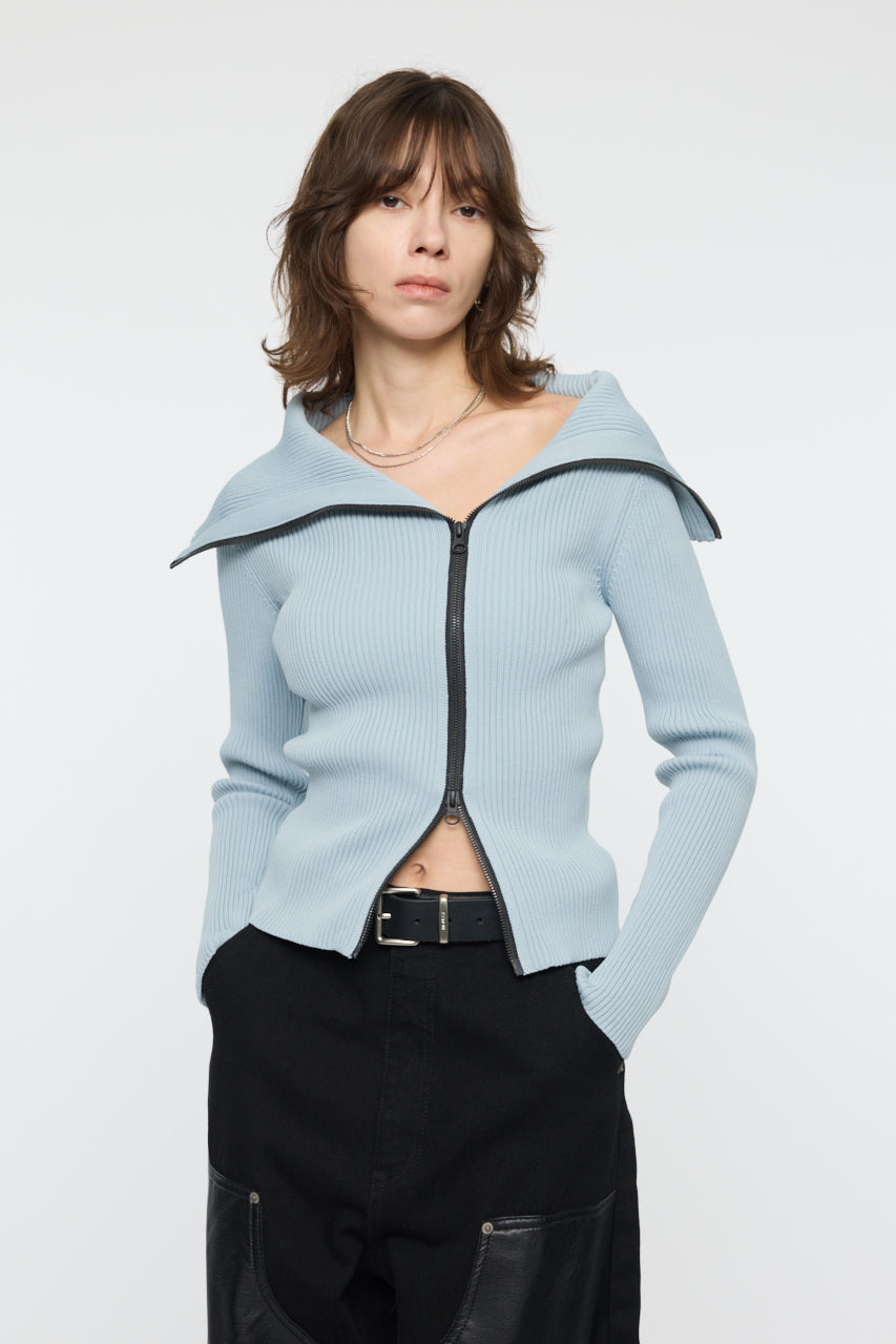 BIG COLLAR ZIP UP KNIT Light Blue / Free