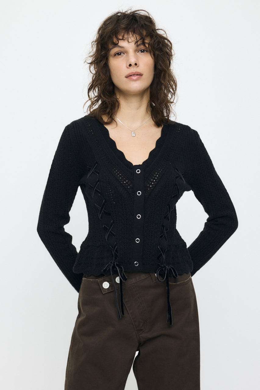 LACE UP RIBBON CARDIGAN Black / Free
