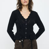 LACE UP RIBBON CARDIGAN Black / Free
