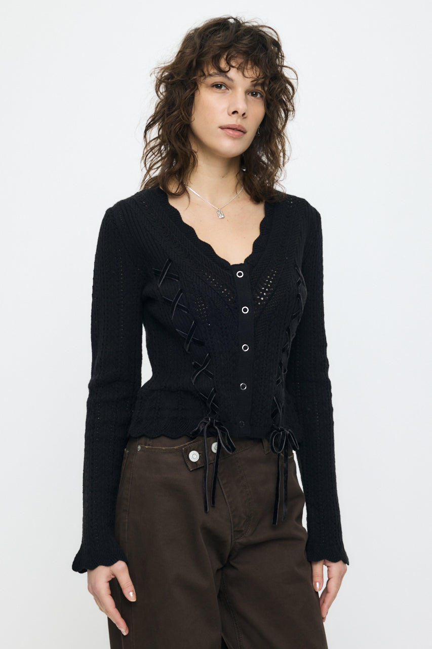 LACE UP RIBBON CARDIGAN Black / Free