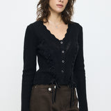 LACE UP RIBBON CARDIGAN Black / Free