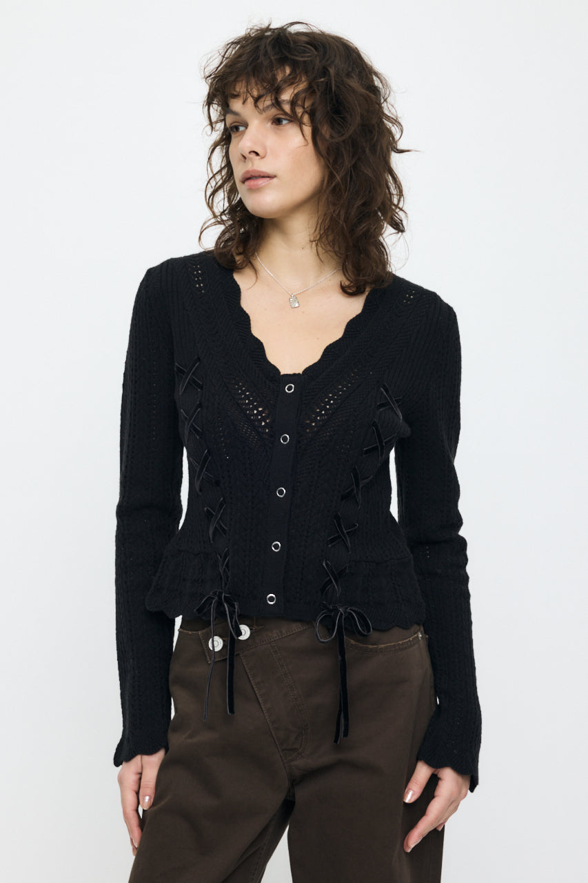 LACE UP RIBBON CARDIGAN Black / Free