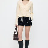 LACE UP RIBBON CARDIGAN Ivory / Free