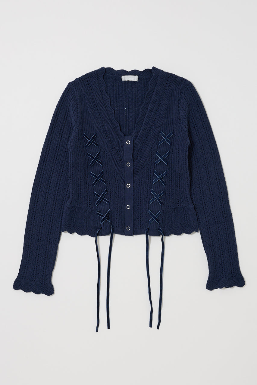 LACE UP RIBBON CARDIGAN Navy / Free