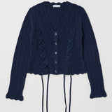 LACE UP RIBBON CARDIGAN Navy / Free