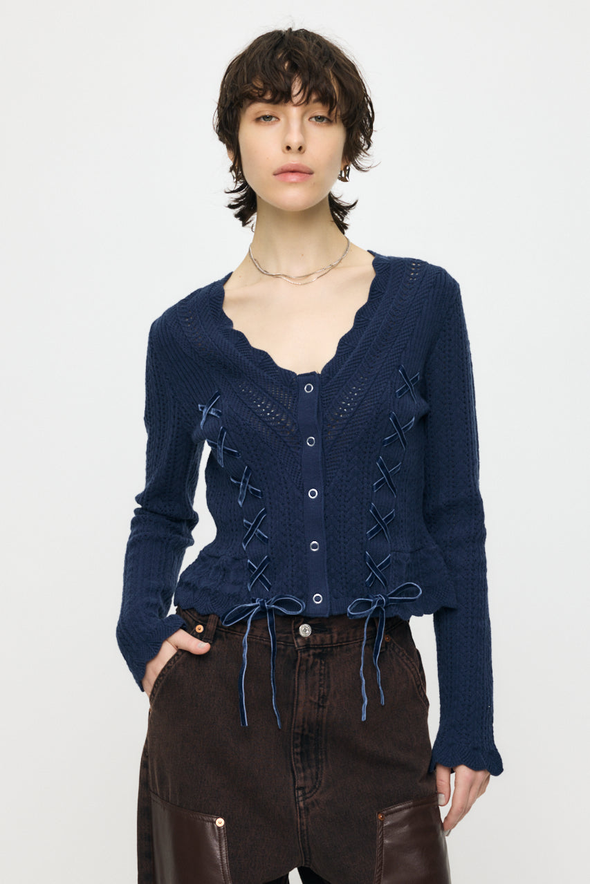 LACE UP RIBBON CARDIGAN Navy / Free