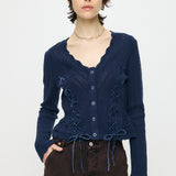 LACE UP RIBBON CARDIGAN Navy / Free