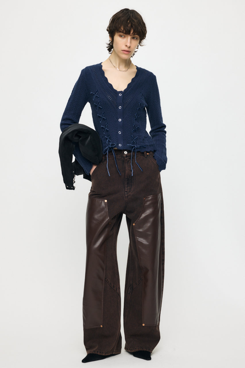 LACE UP RIBBON CARDIGAN Navy / Free