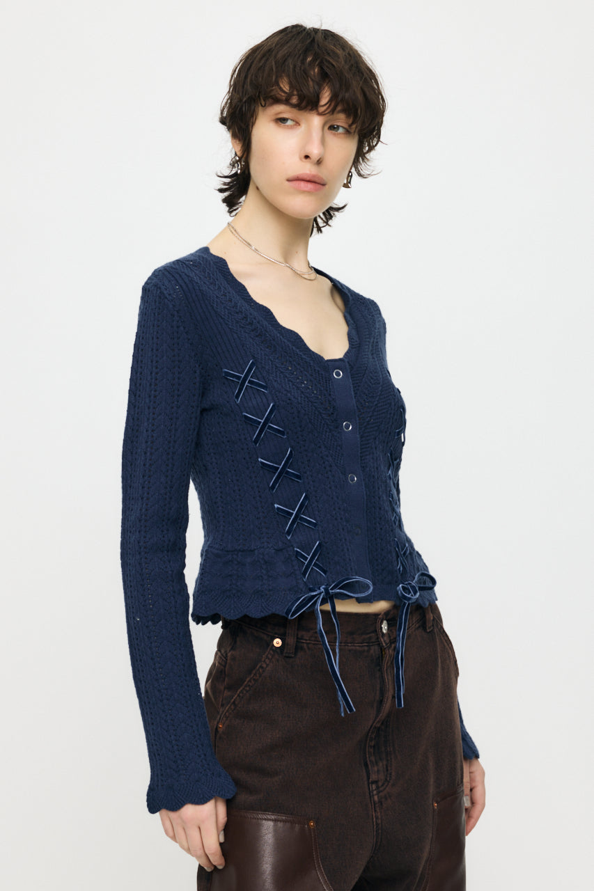LACE UP RIBBON CARDIGAN Navy / Free