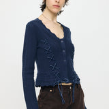 LACE UP RIBBON CARDIGAN Navy / Free