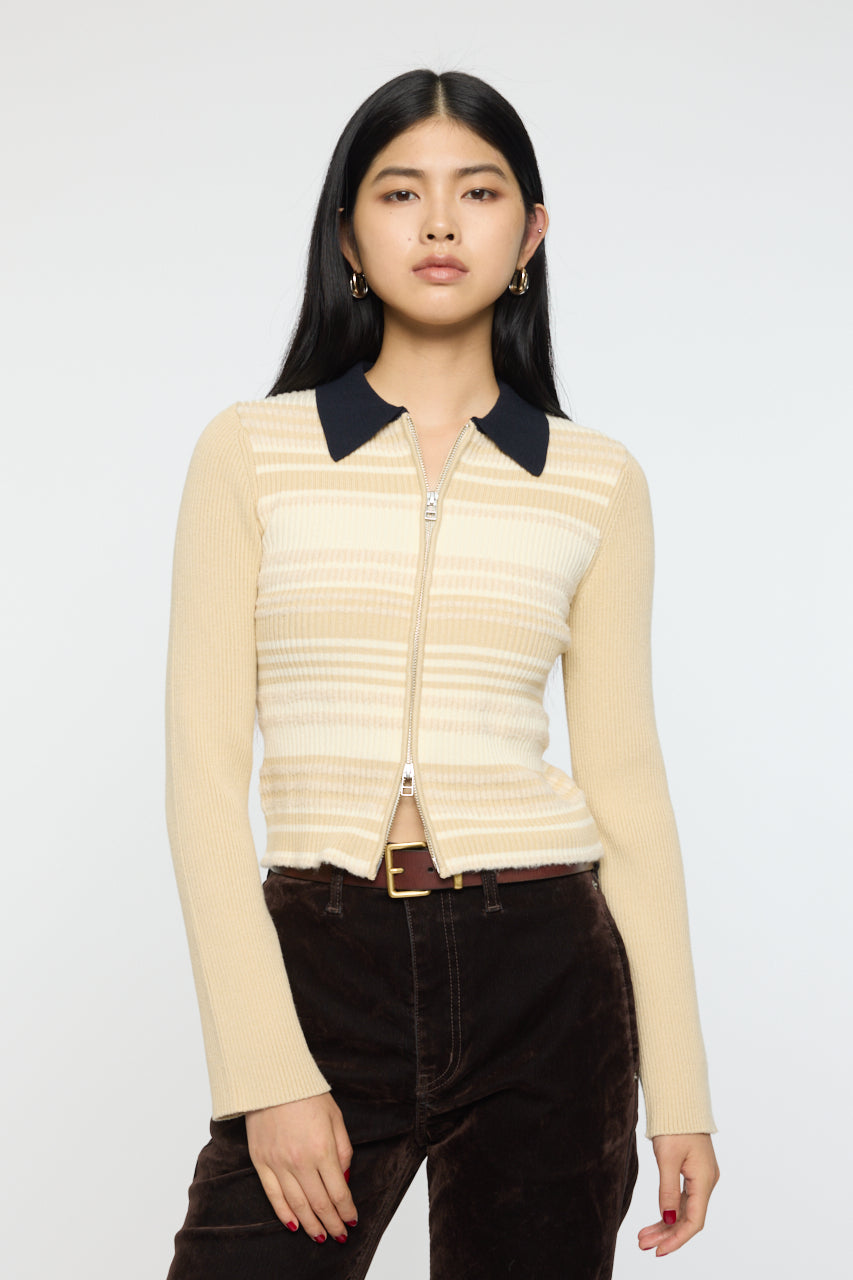 STRIPE ZIP UP KNIT SHIRT Ivory / Free