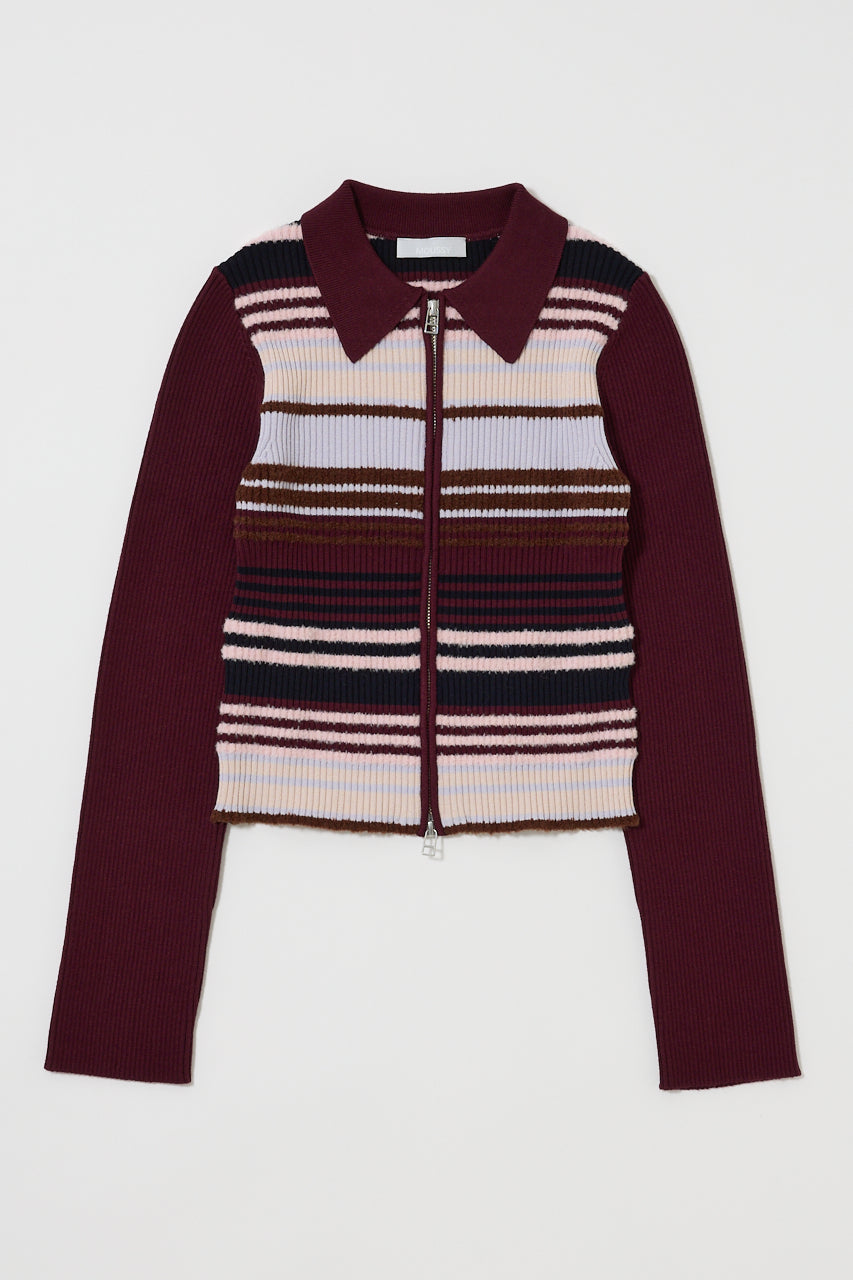 STRIPE ZIP UP KNIT SHIRT Multi Bordeaux / Free