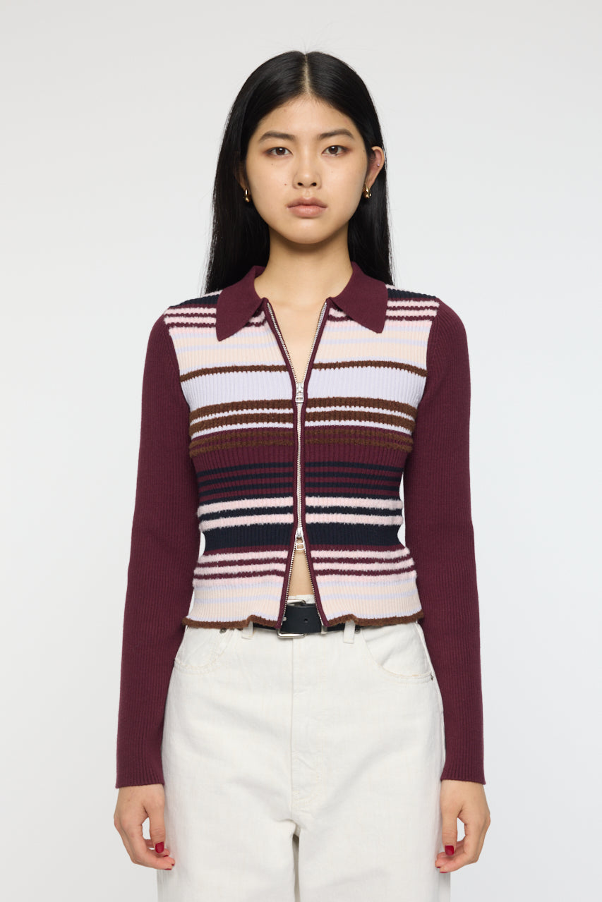 STRIPE ZIP UP KNIT SHIRT Multi Bordeaux / Free