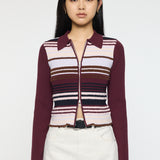 STRIPE ZIP UP KNIT SHIRT Multi Bordeaux / Free