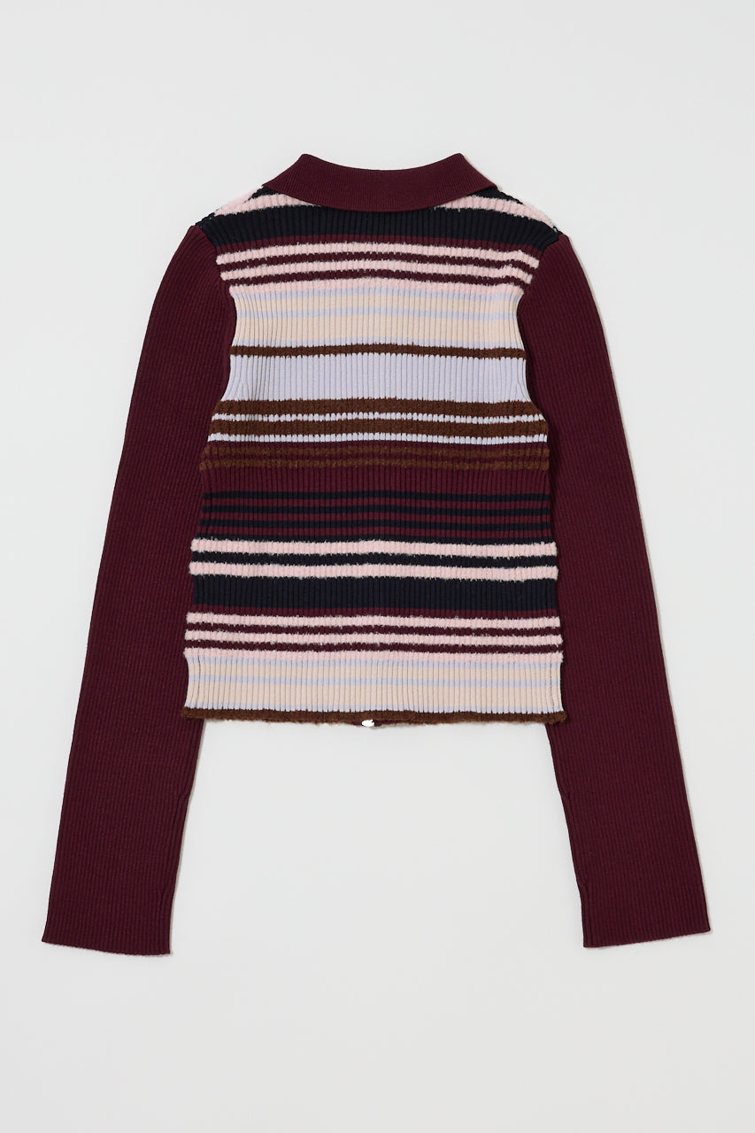 STRIPE ZIP UP KNIT SHIRT Multi Bordeaux / Free