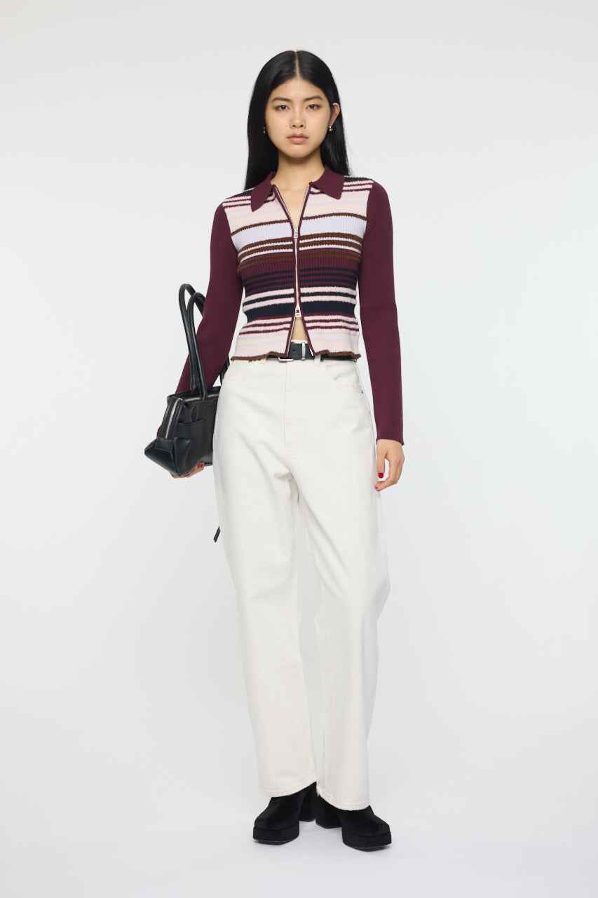 STRIPE ZIP UP KNIT SHIRT Multi Bordeaux / Free