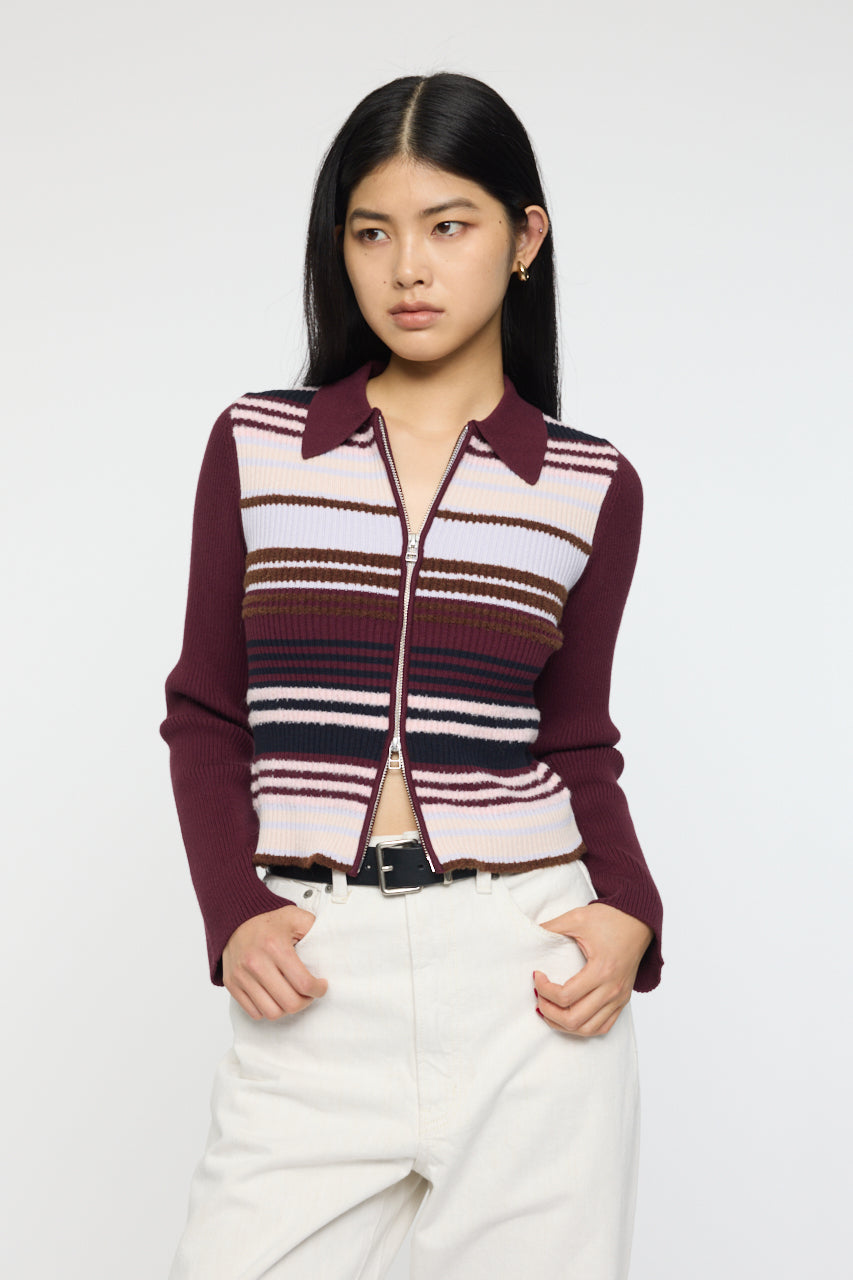 STRIPE ZIP UP KNIT SHIRT Multi Bordeaux / Free