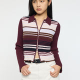 STRIPE ZIP UP KNIT SHIRT Multi Bordeaux / Free