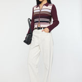 STRIPE ZIP UP KNIT SHIRT Multi Bordeaux / Free