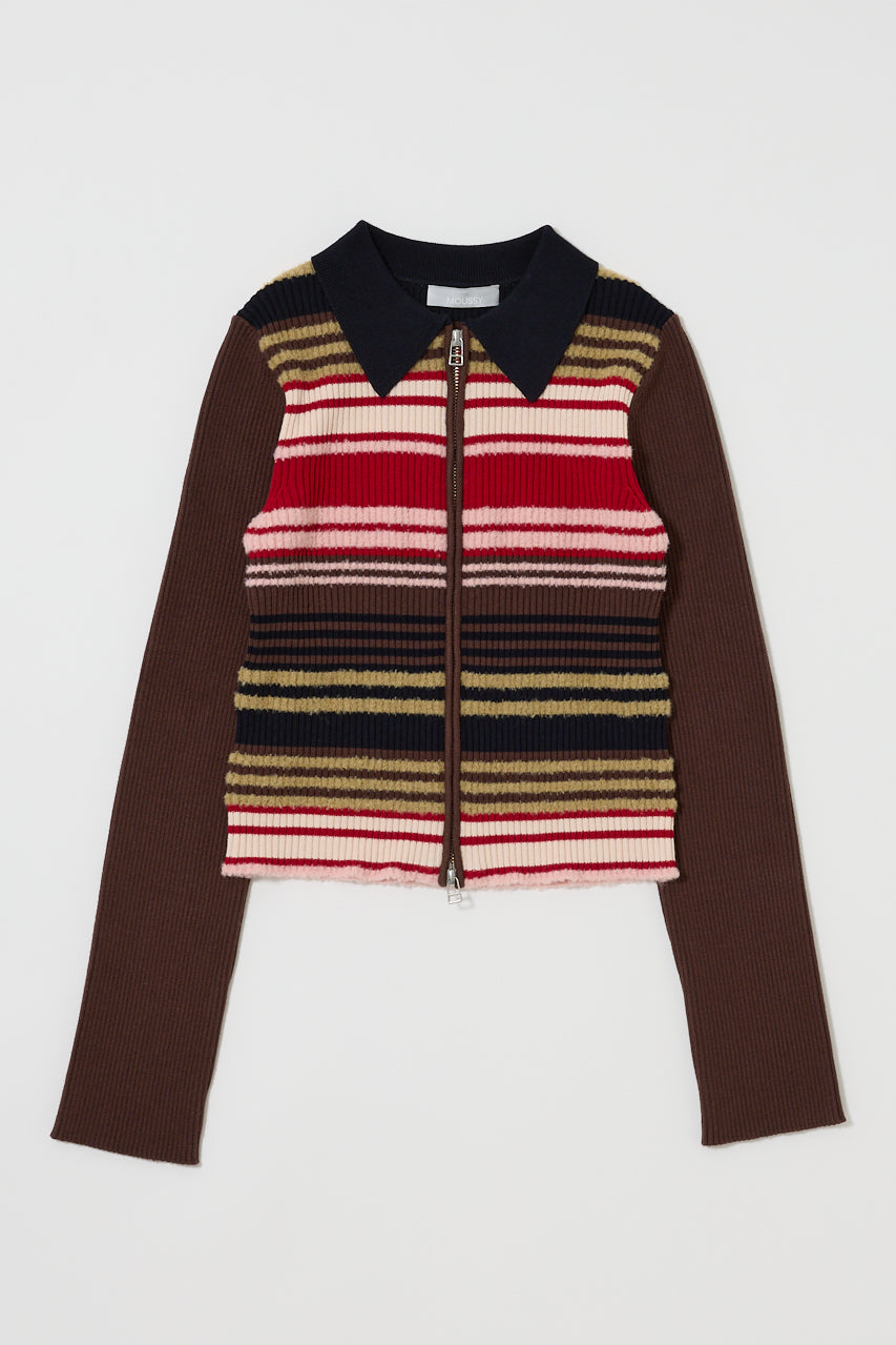 STRIPE ZIP UP KNIT SHIRT Multi Brown / Free
