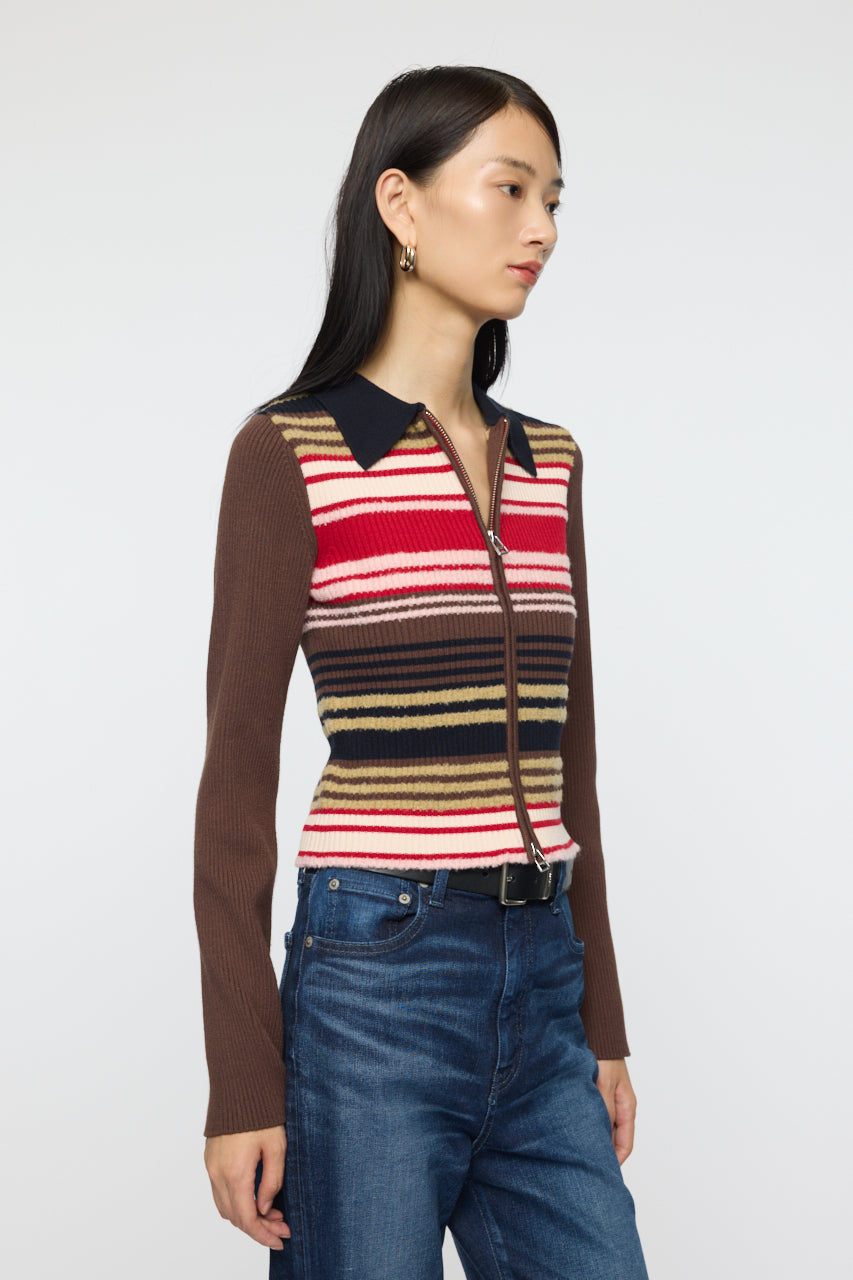 STRIPE ZIP UP KNIT SHIRT Multi Brown / Free