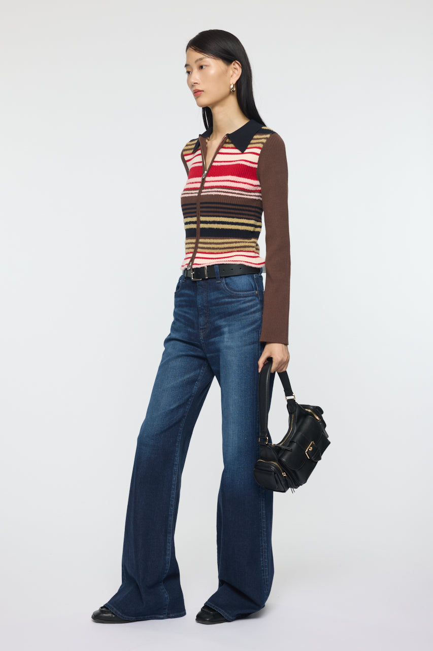 STRIPE ZIP UP KNIT SHIRT Multi Brown / Free