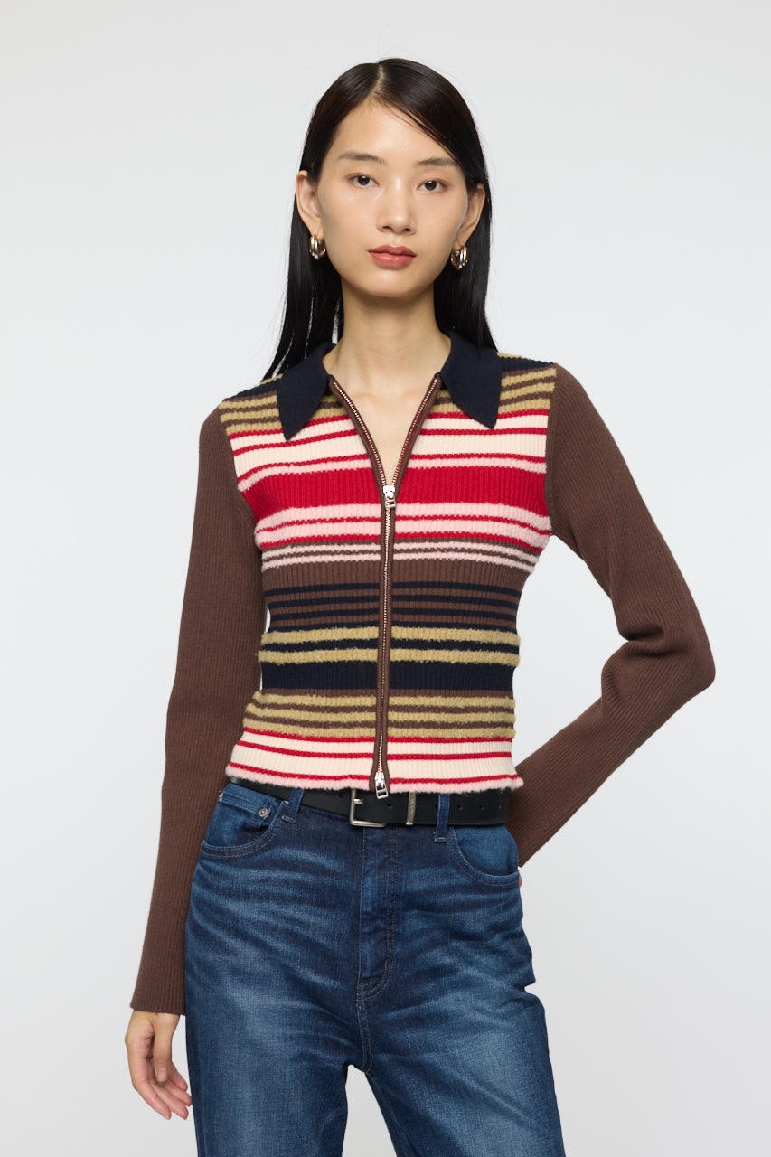 STRIPE ZIP UP KNIT SHIRT Multi Brown / Free