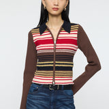 STRIPE ZIP UP KNIT SHIRT Multi Brown / Free