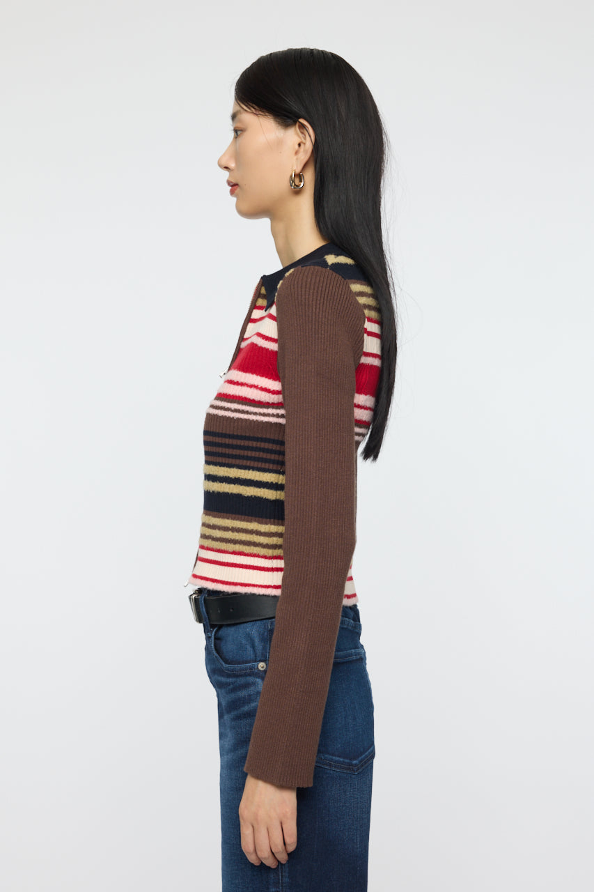 STRIPE ZIP UP KNIT SHIRT Multi Brown / Free