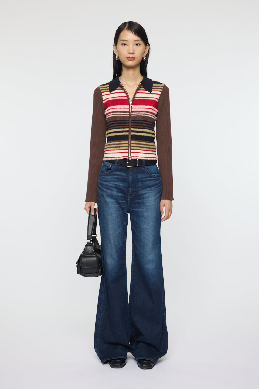 STRIPE ZIP UP KNIT SHIRT Multi Brown / Free