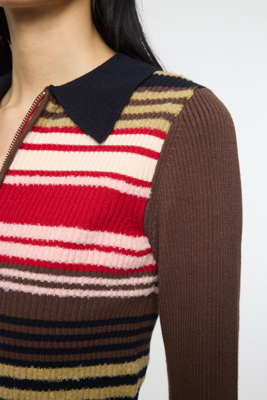 STRIPE ZIP UP KNIT SHIRT Multi Brown / Free