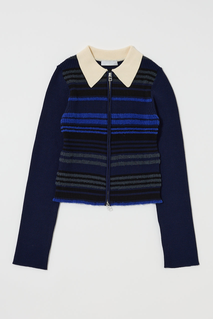 STRIPE ZIP UP KNIT SHIRT Navy / Free