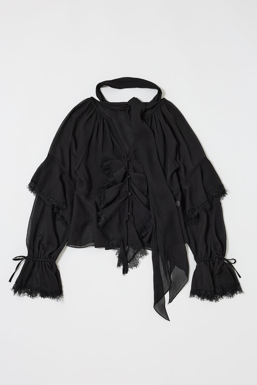 LACE TRIM TIE BLOUSE Black / Free