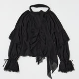 LACE TRIM TIE BLOUSE Black / Free