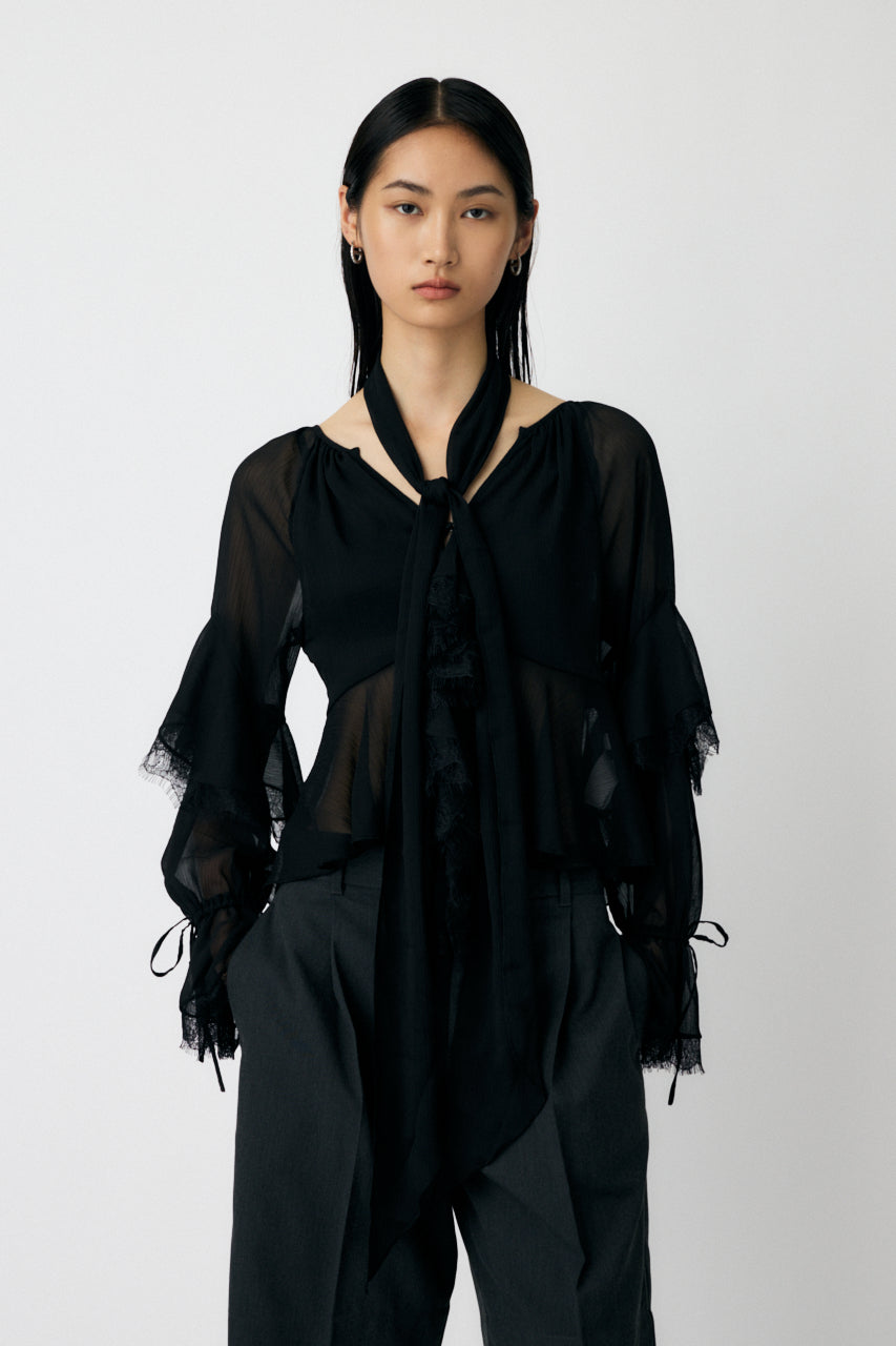 LACE TRIM TIE BLOUSE Black / Free