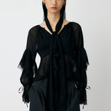 LACE TRIM TIE BLOUSE Black / Free