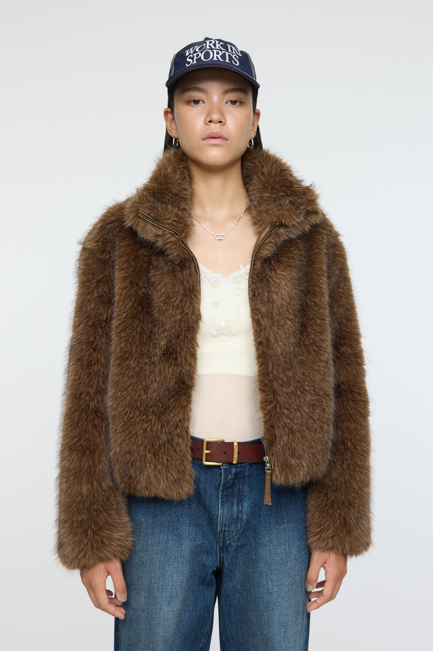 FAUX FUR STAND COLLAR JACKET Dark Brown / Free