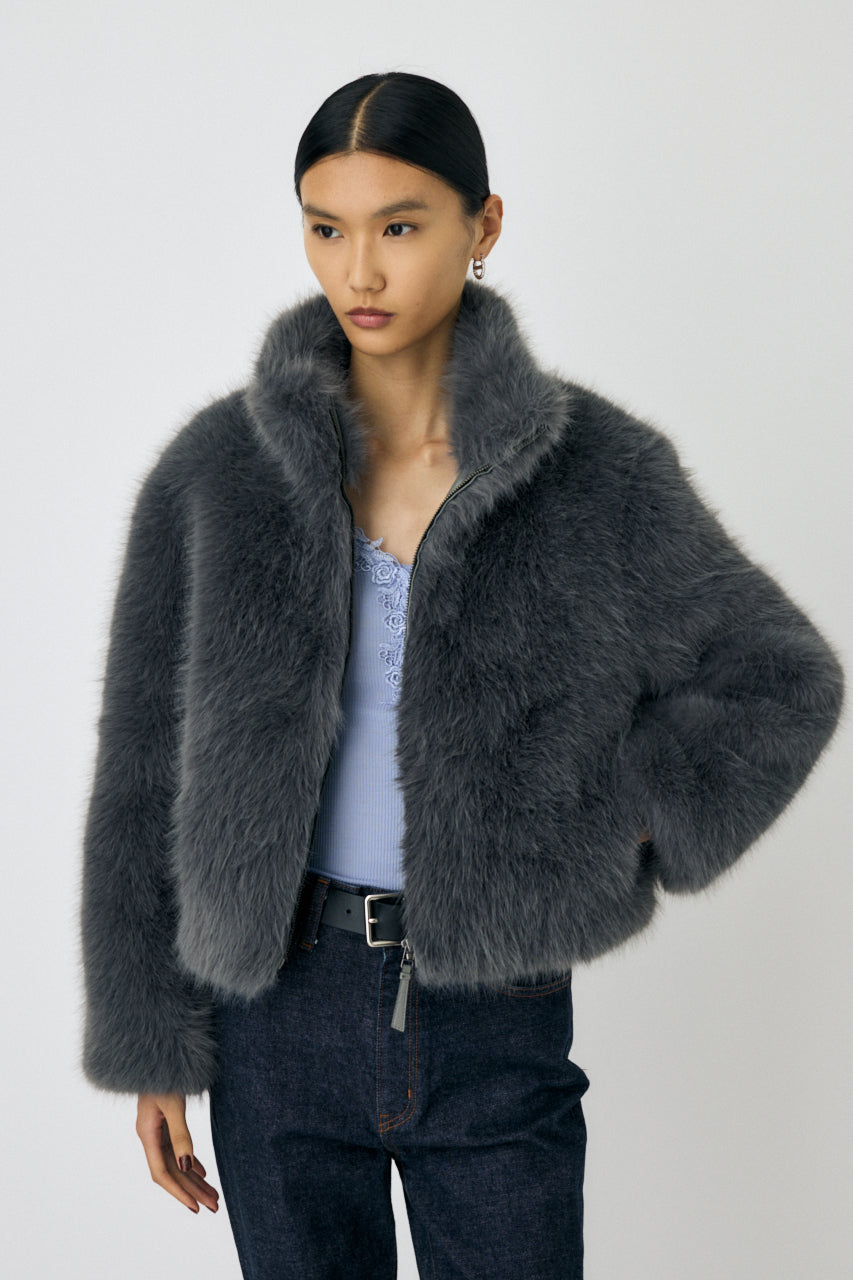 FAUX FUR STAND COLLAR JACKET Gray / Free