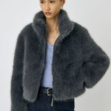 FAUX FUR STAND COLLAR JACKET Gray / Free