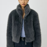 FAUX FUR STAND COLLAR JACKET Gray / Free