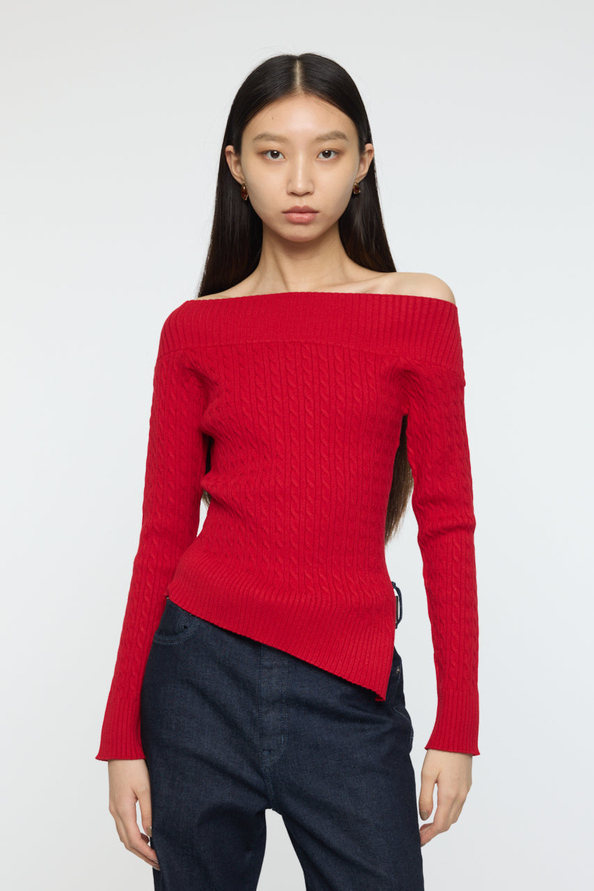 ASYMMETRY SHOULDER CABLE KNIT Red / Free