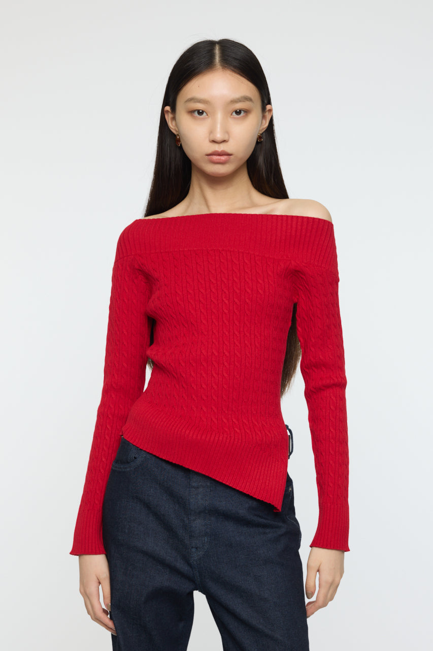 ASYMMETRY SHOULDER CABLE KNIT Red / Free