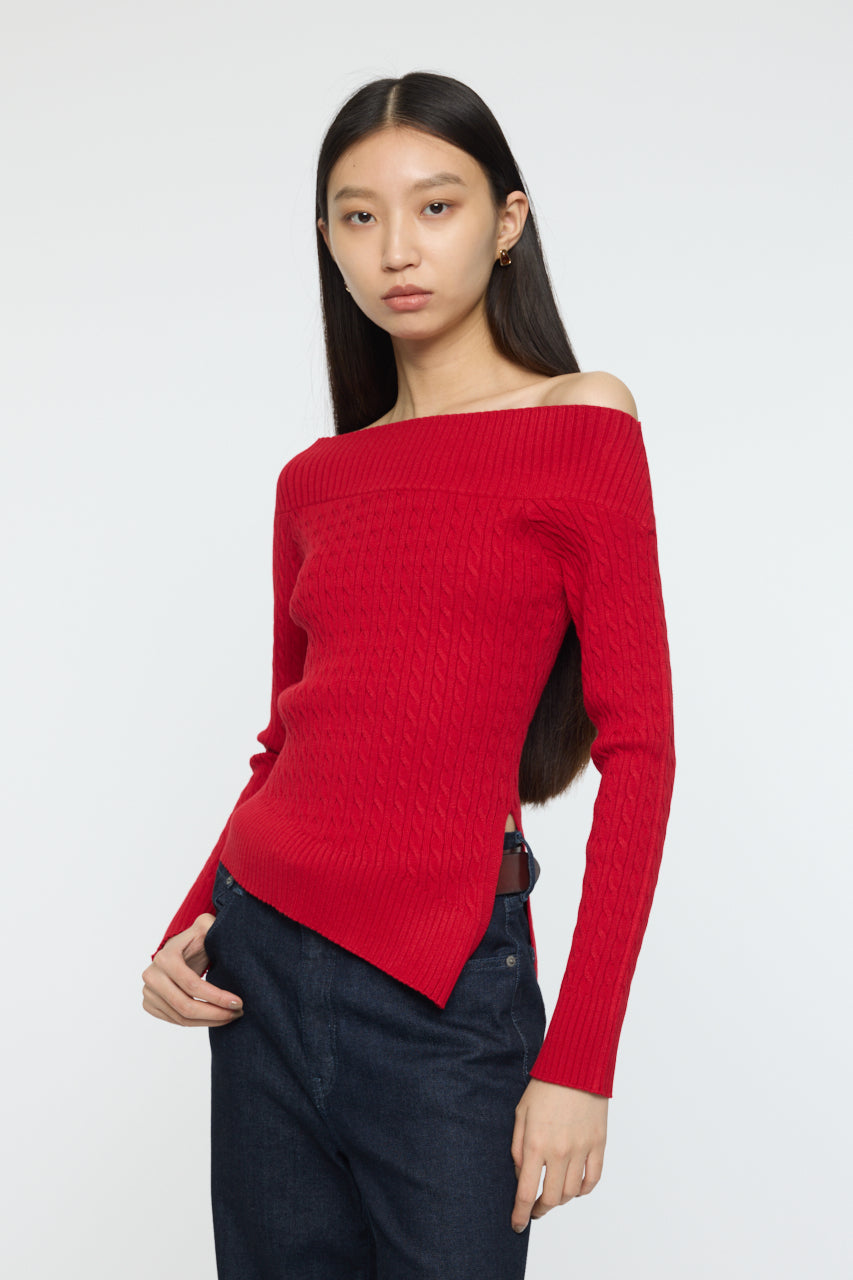 ASYMMETRY SHOULDER CABLE KNIT Red / Free