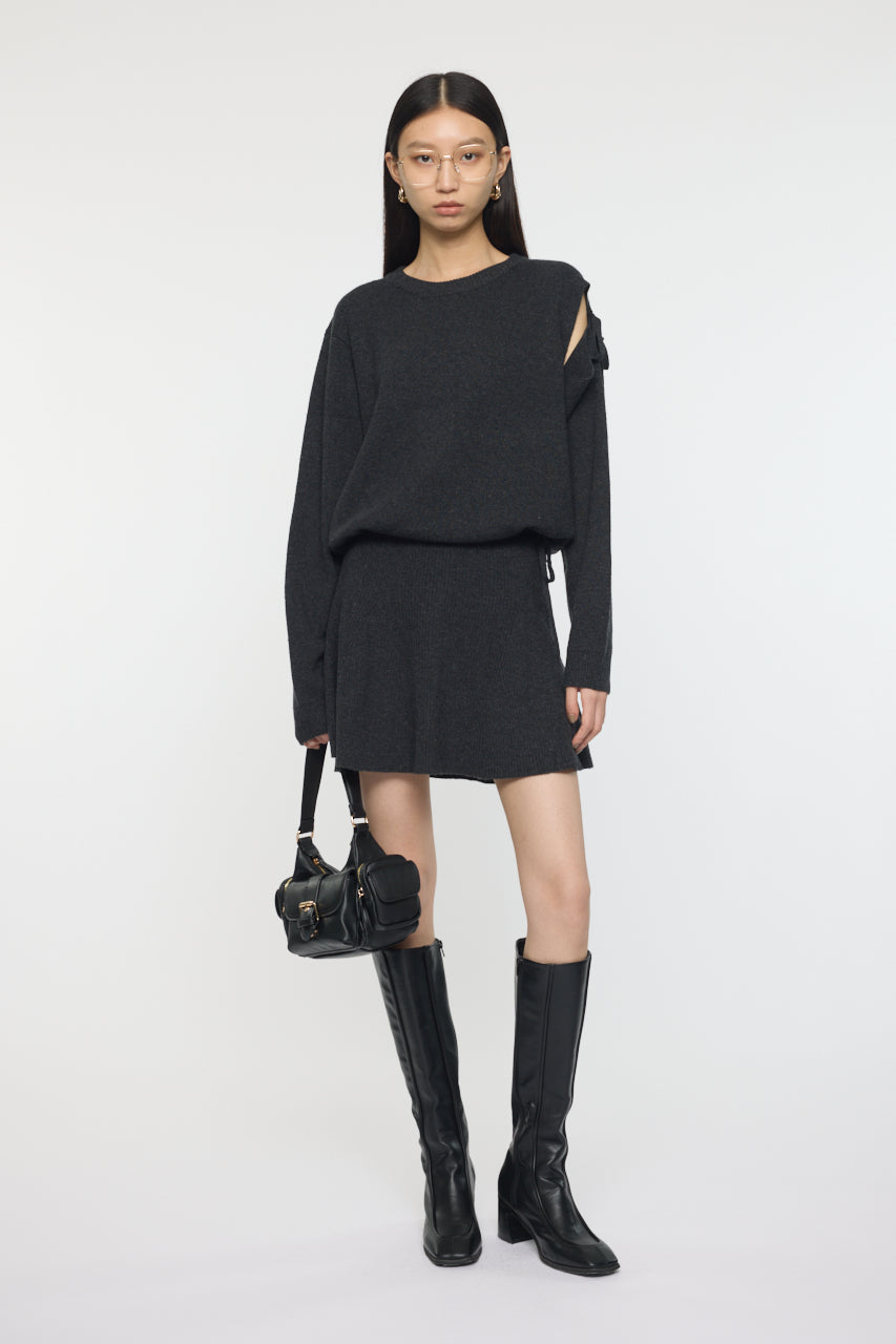 TIED RIBBON SWEATER & MINI SKIRT Charcoal / 1 (S)