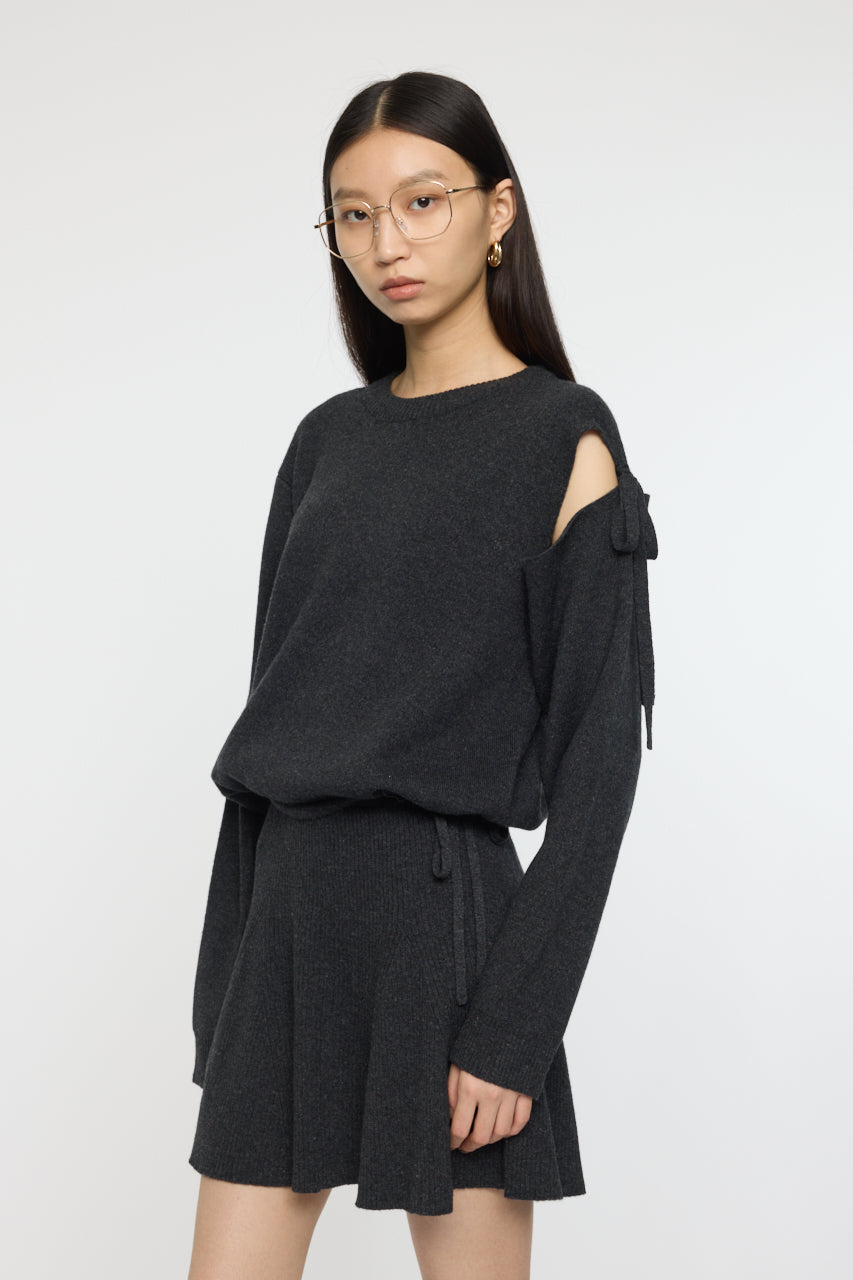 TIED RIBBON SWEATER & MINI SKIRT Charcoal / 1 (S)
