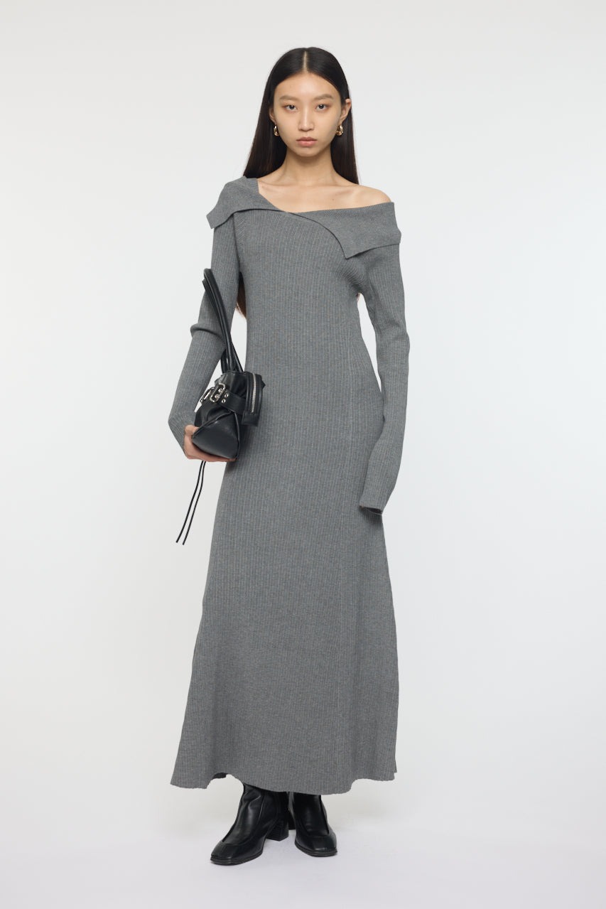 ASYMMETRY COLLAR KNIT DRESS Heather Gray / 1 (S)