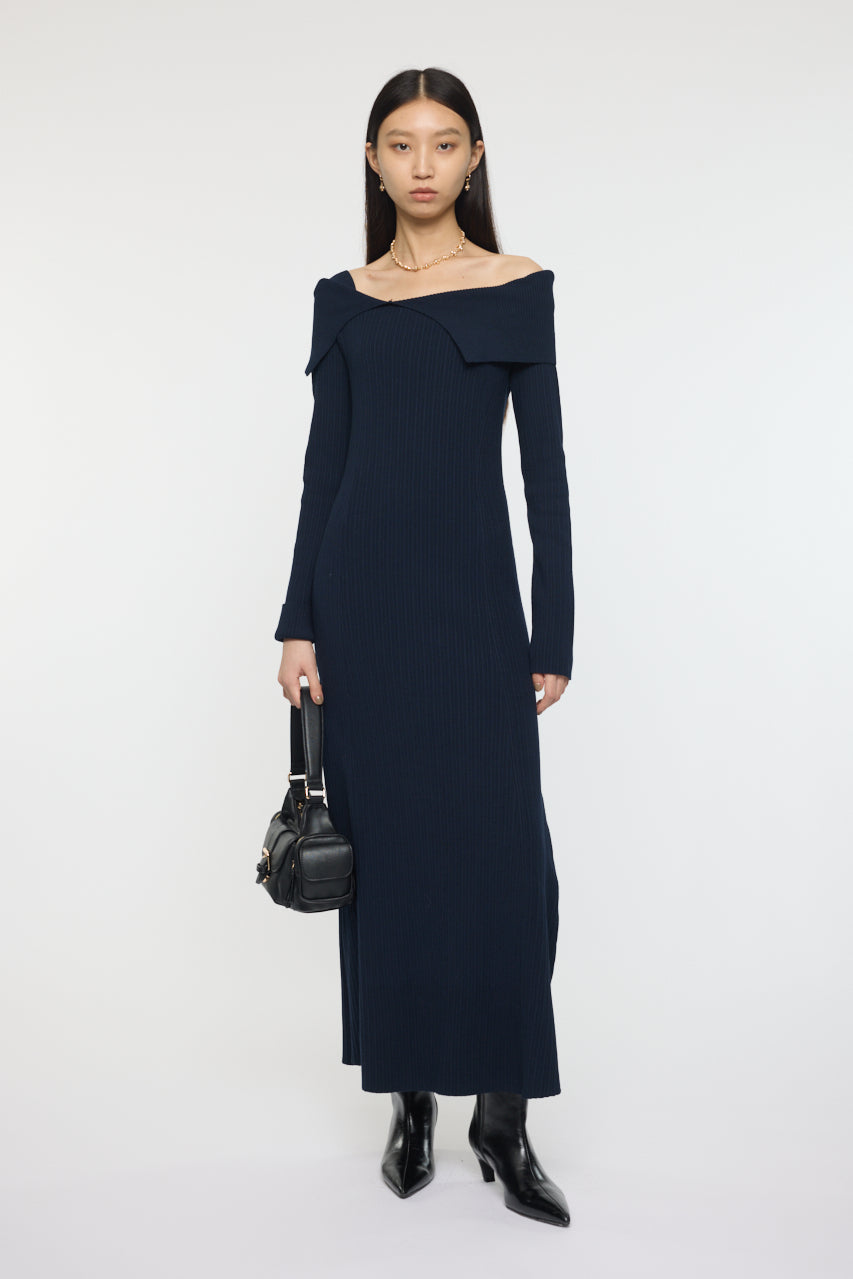 ASYMMETRY COLLAR KNIT DRESS Navy / 1 (S)