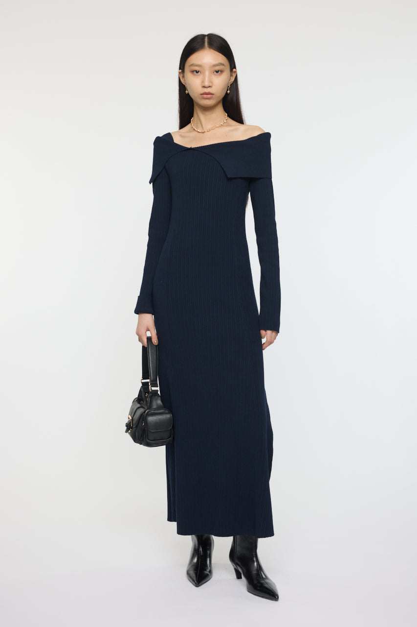 ASYMMETRY COLLAR KNIT DRESS Navy / 1 (S)